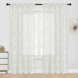 DWCN White Lace Sheer Curtains - 84 inches Long Floral Lace Design Rod Pocket Window Voile Sheer Drapes for Bedroom Living Room 52 x 84 inches Long Curtain Panels, Set of 2, White