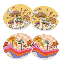 Car Coasters for Drinks Cup Holders Absorbent,4 Packs Ceramic Car Cup Holder Coaster,Cute Car Accessories for Women,Stone Car Coasters with Finger Notch and Easy Clean(Mushroom)…