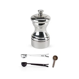 Peugeot Mignonnette Silver-Plated Pepper Mill Gift Set, 10cm/4-Inch - With 3 Stainless Steel/Wood Spice Scoops