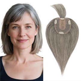 SEGOHAIR Hair Topper for Thinning Hair, Human Hair, 4 Clips, Silk Base 3.94x4.72, 6 Inches, Light Salt and Pepper Color, Style without Front Bangs, Achieve a Fuller, More Youthful Appearance