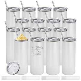 YOUKE OLA 16 Pack Stainless Steel Skinny Tumblers Bulk Straight Double Wall Powder Coated Insulated Tumbler with Lid and Straw for Laser Engrave, DIY Gift, 20oz White