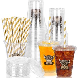 Whaline 50Pcs Highland Cow Disposable Plastic Cups with Lids and Straws 12oz Cute Farm Cow Party Cups Cold Beverage Drinking Cups for Birthday Baby Shower Wedding