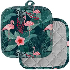 [Pack of 2] Pot Holders for Kitchen, Washable Heat Resistant Pot Holders, Hot Pads, Trivet for Cooking and Baking (Flamingo Leaves Monstera)