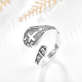 KINGWHYTE Cross Spoon Ring 925 Sterling Silver Oxidized Vintage Adjustable Thumb Rings Birthday Jewelry Gifts for Women Men