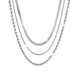 MILAKOO Stainless Steel Necklace Set Women Men Snake Chain Herringbone Pattern Chains Cuban Chain Choker for Men Women Gold/Silver, Stainless Steel, No Gemstone