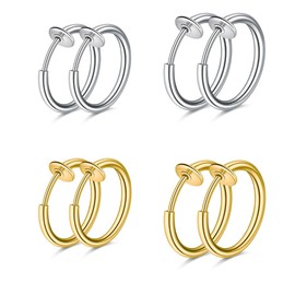 WKRTDY 4 Pairs Stainless Steel Clip On Earrings for Men & Women, Fake Earrings, No Piercing Required, Hoop Ring & Ear Cuff Design, Perfect for Men & Girls