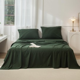 JIYUAN 100% Washed Cotton Sheet Set 4PCS Comfy Simple Style Soft Breathable Textured Durable Linen Feel Bedding for All Seasons King Size, Forest Green