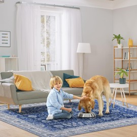 GarveeHome Vintage Floral Medallion Area Rug 8x10 - Machine Washable, Waterproof, Super Soft Faux Wool Carpet, Non-Slip Low Pile, Kid & Pet Friendly, Home DéCor for Bedroom, Living Room.Blue