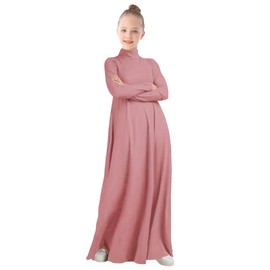WSPLYSPJY High Neck Kids Girls Abaya Dress Solid Color Muslim Robe Prayer Clothes with Pockets Pink for 7-8 Years