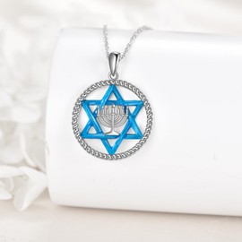 VONALA Star of David 925 Sterling Silver Necklace Blue Jewish Star Menorah Pendant Hanukkah Jewellery Gift for Men Women Christmas, Sterling Silver, No Gemstone