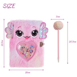 Belegao Secret Diary with Lock for Girls, Fluffy Journal with Lock Keys Pen Rhinestone Stickers Plush Secret Diary Notebook Set for Home School Travel Writing (Baby Fish with Sequins Heart)