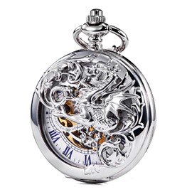 TREEWETO Mechanical Pocket Watch - Dream Dragon Skeleton Half Hunter Double Open Silver Case