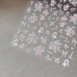 1 Sheet Pink Flower Nail Sticker Embossed Floral Bow Nail Decal Sticker with Leaf Design 5D Self-Adhesive Nail Supplies for Women DIY Spring Manicure Decoration for Acrylic Nails