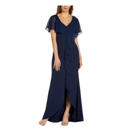 Adrianna Papell Stretch Crepe and Chiffon Flutter Sleeve Cascade Gown Navy 4