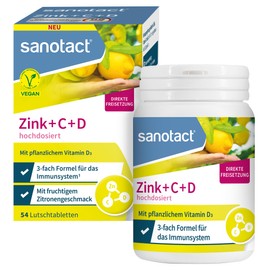 sanotact Zink+C+D hochdosiert | Zink VItamin C und D Lutschtabletten | Zitronengeschmack | Immunsystem | 54 vegane Tabletten