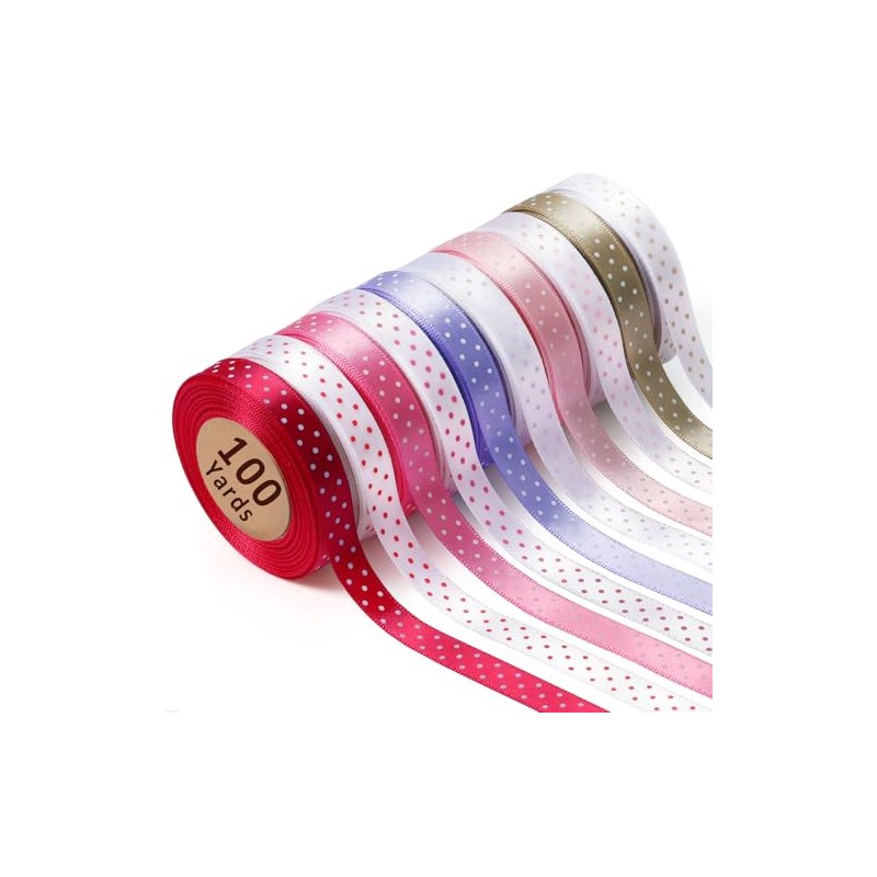 LaRibbons Polka Dot Satin Ribbon Variety Pack 100 Yards, 3/8"
