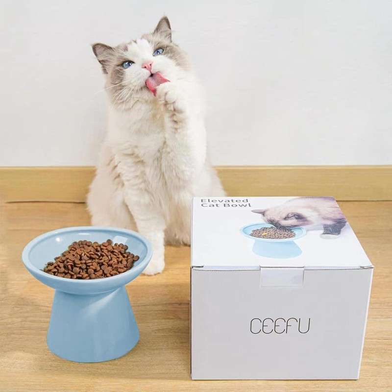 CEEFU Extra Wide Elevated Ceramic Cat Bowl, 6.2" Shallow Dish