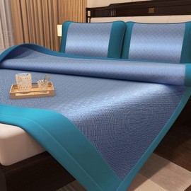 Summer Sleeping Pad Ice Rattan Mat 3 Piece Set (1 Mattress + 2 Pillowcases) Summer Ice Silk Mat Washable Cooler Mattresses (Blue, 59 * 78in/150 * 200cm)