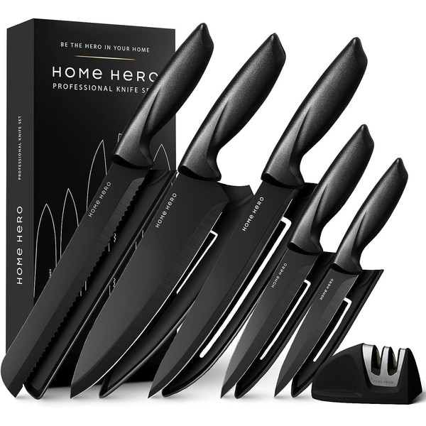 Home Hero Knife Set Sharp Kitchen Knife Set - Chef's Knife Set Stainless Steel Knife Set (5 Pieces with Sheath - Black)