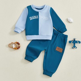 Toddler Baby Boys Fall Outfits Contrast Color Clothes Mama’s Boy Letter Jumper Sweatshirt Solid Elastic Pants Jogger Set 2Pcs Tracksuit (Blue, 2-3 Years)