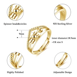 Shuxin Silver Anxiety Ring for Women, 925 Sterling Silver Fidget Ring for Anxiety, Adjustable Beads Stress Relieving Spinner Ring, Thumb Rings for Stress Relief, Gold Fidget Ring for Anxiety Women