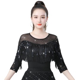 Women's Latin Dance Tops, Ballroom Dance, Modern Dance Clothes, Jitterbug Sequined Dance Clothes Black