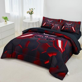 URBONUR 6 Pieces Twin Size Bed in a Bag 3D Gamer Game Console Printed Bedding Set Black and Red Kids Boys Gaming Comforter Set