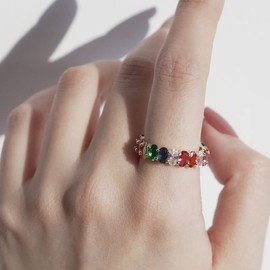 Michooyel Eternity Rainbow Ring Band Ring for Women Girls 18K Gold Plated Oval Multicolor Cubic Zirconia Eternity Ring