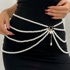 Bmirth Waist Chain Belly Tassel Body Chain Pearl Body Jewelry Layered Pearl Belt Summer Beach Body Accessories