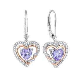 Aprila Heart Dangle Earrings 925 Sterling Silver Leverback Drop Earrings with 5A Cubic Zirconia June Birthstone Alexandrite Color 2-tone White Gold&Rose Gold Plated