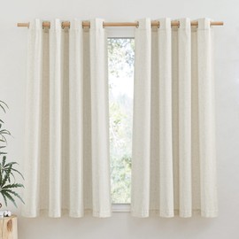 PONY DANCE Net Curtains Country House Style Linen Natural Eyelet Curtain Set of 2 Short Curtains for Kitchen & Bathroom Window Curtains Linen Look Curtain Short Semi-Transparent H 137 x W 140 cm