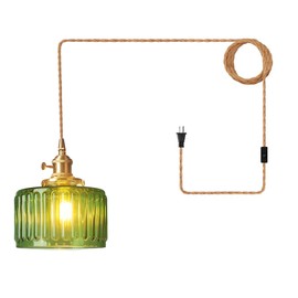 S-Cevada Vintage Plug-in Pendant Lighting Fixture with ON/Off Switch,Striped Glass Pendant Light Shade, Movable Farmhouse Bedroom Hanging Lamp, E26 Base (Green)