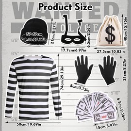 Xerteam Adult Burglar Costume, Robber Fancy Dress Costume Set, Adult Robber Thief Outfits with Black and White Striped Top, Eye Mask, Gloves, Canvas, Bag, Hat for, black/white