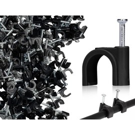 Lhbwhiz Pack of 100 Cable Clamps, Steel Nail Clips, Wall Cable Clamps Nail, Cable Clamp, Cable Fixings, Steel Nail Cable Clips, Cable Holder Round Clamp, Cable Attachment (Black, 8 mm)