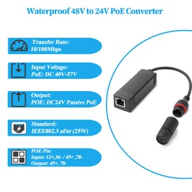 REVODATA Waterproof 48V to 24V PoE Converter, Output 24V, 25W Max, IEEE802.3 af/at, PoE to 24V Adapter for Power Passive 24V Board Devices, Plug and Play(PD3002)
