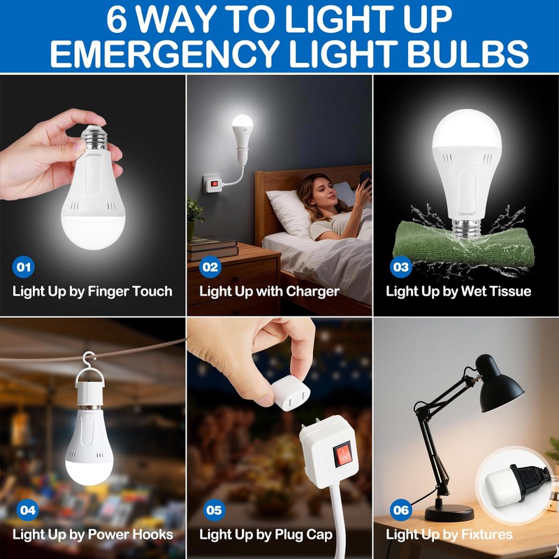 Ostwiki 6 Pack A19 Rechargeable Light Bulbs for Lamps 6500K