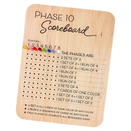 Phase 10 Score Board, Wooden Phase 10 Score Sheets with 8 Colored Pegs, 10 Scorecard and Round Tracker, Classic Family Adults Board Card Games Night Table Score Boards (Scoreboards-1PCS)