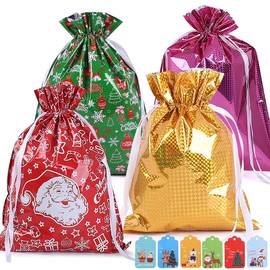 4 Pcs Christmas Ribbon Gift Bags, 58CM*43CM Drawstring Xmas Gift Bags, Christmas Bags for Presents with Xmas Cards for Party, Holiday, Birthday and Christmas Decorations