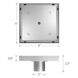 Sharpeye 6 Inch Square Shower Drain with Removable Tile Insert Grate, Brushed 304 Stainless Steel Square Shower Floor Drain, Includes Hair Strainer, CUPC Certified