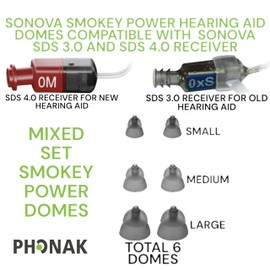 Mixed Set Phonak Power Smokey Dome Small-Medium-Large Domes, Replacement by Sonova, Hearing Aid Domes All receivers -1 Pack/6 Domes Total