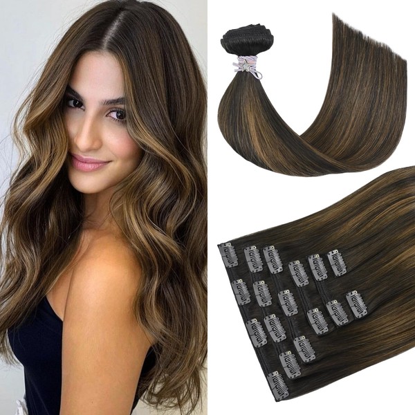 HUAYI Hair Extensions Clip in Human Hair,Ombre Dark Brown to Chestnut Brown,120g Seamless Clip in Hair Extensions Remy Thick Hair Extensions for Full Head(16In 7pcs)