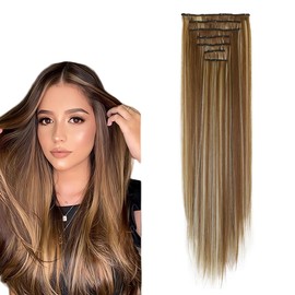 prinfantasy Clip in Hair Extensions Synthetic Hairpiece Medium Brown Hair Extension Flaxen Highlights Blonde Hair Piece, MW151
