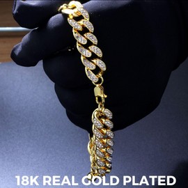 Halukakah Gold Chain for Men Iced Out, 14/20 mm Men's 18 Carat Real Gold-Plated / Platinum White Gold Diamond Cuban Chain Miami Necklace Bracelet with Gift Box, Metal, No gemstone