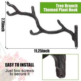 Blulu 6 Pcs 11'' Cast Iron Tree Branch Plant Hangers Decorative Metal Wall Bracket Hooks Wall Heavy Duty Home Storage Rack for Hanging Plants Pots Baskets Lanterns Wind Chimes Outdoor Indoor (Black)