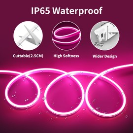ShineBurky Neon Rope Light Pink,12V 16.4ft 600LEDs Dimmable Led Strip Lights, IP65 Waterproof 360°-Flexible Silicone Neon Strip Lights for Indoor Outdoor with Power Adapter and Dimmer Switch