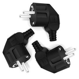 Schuko Plug, Plug 250 V, Power Plug with Strain Relief, Protective Contact Plug with Kink Protection Sleeve, Splash-proof and Durable, IP44, Shatterproof, Black, Pack of 3