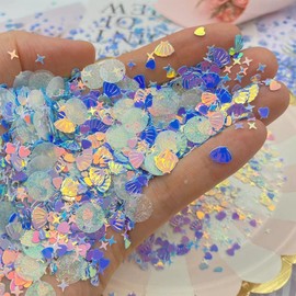 2000 Piece Mermaid Seashell Glitter PVC Table Confetti for Wedding, Birthday, Bridal Shower, Valentines Party Decorations (Blue)