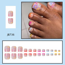 Colorful French Tips Press on Toenails Short Square False Toenails with Colorful Flower Design Spring Fake Toe Nails Summer Glue on Toenails Cute Daisy Stick on Toenails for Women Girls Manicure 24Pcs