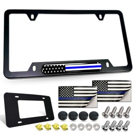 FBJTDQ Police Thin Blue Line License Plate Frame-American Flag Patriotic Car Tag Holder, USA Black Aluminum Bracket with Screw, Cap Covers, Decal, Novelty Present for Law Enforcement, 1 Pack