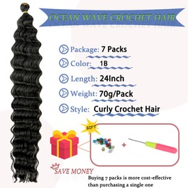 Deep Wave Crochet Hair 24 Inch Ocean Wave Crochet Hair 7 Packs Synthetic Curly Crochet Hair For Black Women Long Deep Wavy Curly Crochet Braiding Hair For Bohemian Braids Hair Extensions Natural Black
